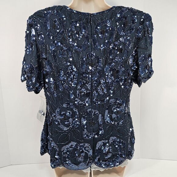 PAPELL Boutique Evening Navy Sequin Beaded Silk Scalloped Hem Blouse Top Size M - Picture 2 of 12